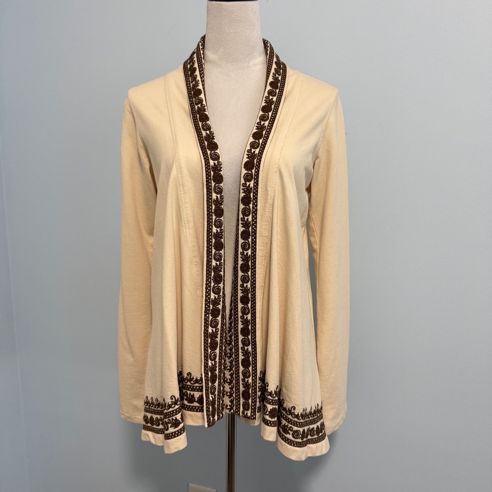 Lucky Brand Women Long Sleeve Embroidered Open Front Cotton Cream Cardigan Sz S